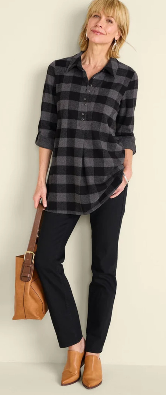 Soft Surroundings Mad About Plaid Flannel Tunic Top Charcoal Buffalo Check
